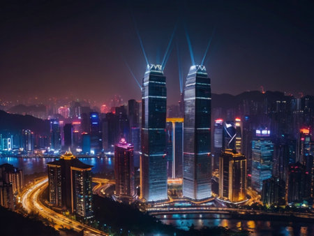Shanghai cityscape at night with urban architecture,China.の素材