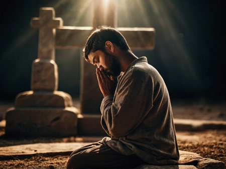 Young man praying in front of a grave at the old cemetery.の素材