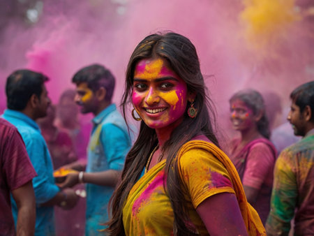 Unidentified people at the Holi festival in Kolkata, India. Holi is one of the biggest festivals of India.の素材