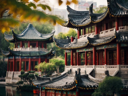 Beautiful view of a Chinese temple in Hangzhou, China.の素材