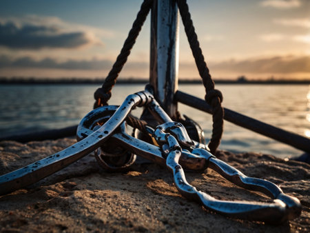 Close-up of steel anchor with chain on the pier at sunsetの素材