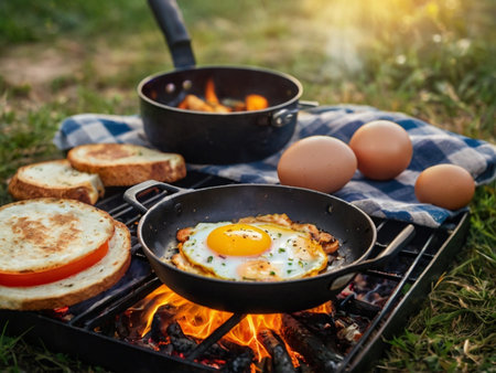 Fried eggs in a frying pan on the background of a campfireの素材
