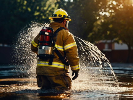Firefighter in uniform and helmet with a fire extinguisher in action.の素材