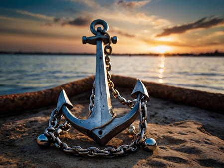 Anchor on the beach at sunset. The concept of travel and tourismの素材