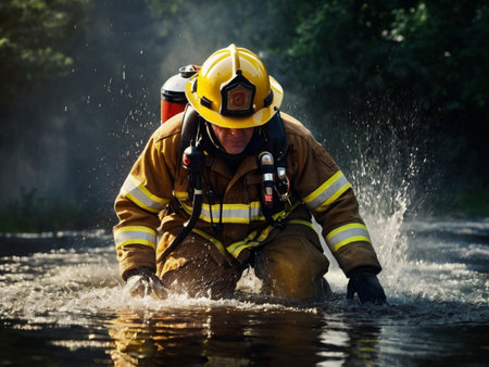 Firefighter in action with water splashes on the background of forestの素材