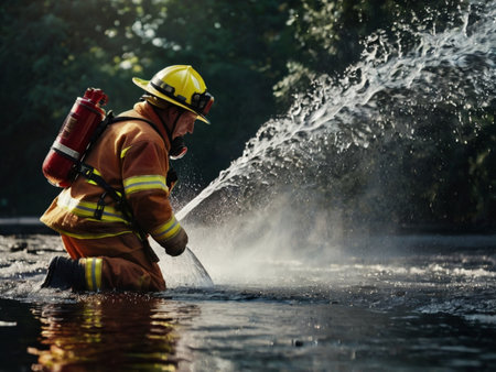 Firefighter in action fighting fire with water splashes on background.の素材
