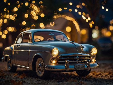 Vintage car in front of the christmas tree at night.の素材