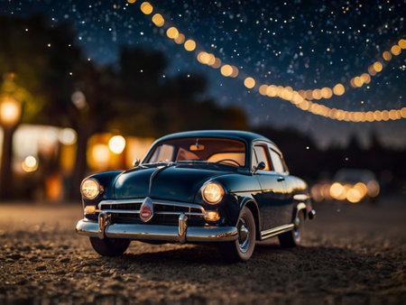 Vintage car on the road with bokeh lights at nightの素材