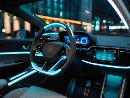 Modern car interior details, steering wheel and dashboard. Night city viewの素材