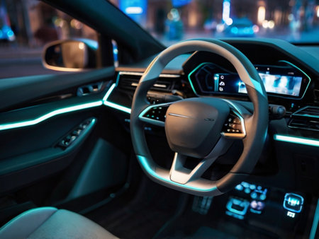 Interior of a modern car at night. Steering wheel and dashboardの素材