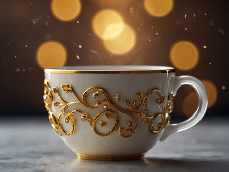 Cup of coffee with golden ornament on a dark background with bokehの素材