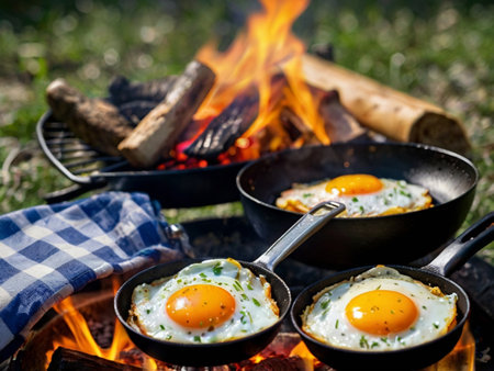 Fried eggs in a frying pan on the background of a campfireの素材