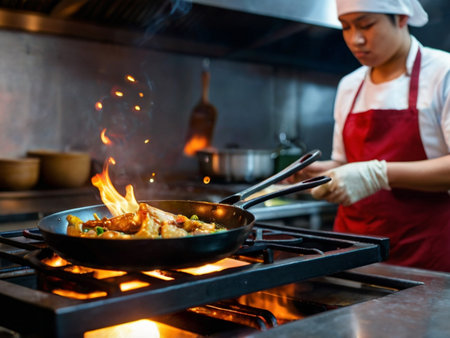 Chef cooking chicken fillet in wok on stove in restaurant kitchenの素材