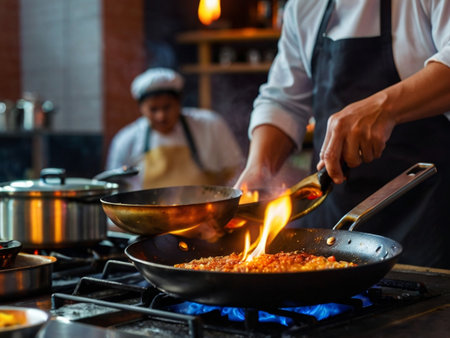 Chef cooking food in a restaurant kitchen, Chef preparing food in a panの素材