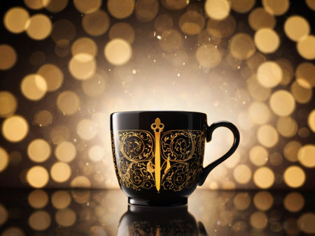 Black coffee cup with golden ornament on bokeh lights background.の素材