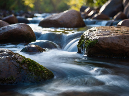 Water flowing over rocks in a mountain stream with green moss in the foregroundの素材