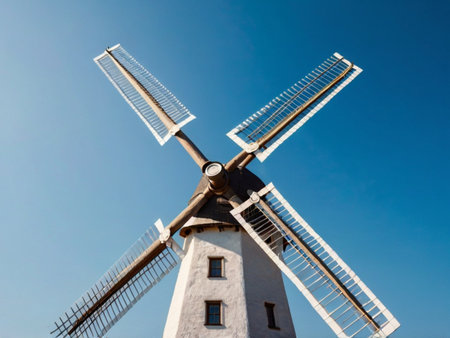 Old windmill on the background of blue sky, close-upの素材