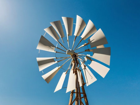 Windmill on blue sky background. Windmill for pumping water.の素材