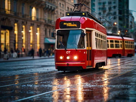 Tram in the rain on the streets of Budapest, Hungary.の素材