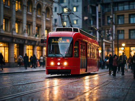 Red tram on the street at night in Istanbul. Taksim Square.の素材