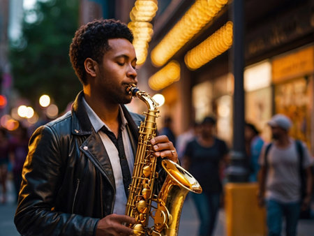 African american jazz musician playing the saxophone in the street.の素材