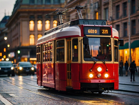 Old red tram on the streets of Budapest at night, Hungary.の素材
