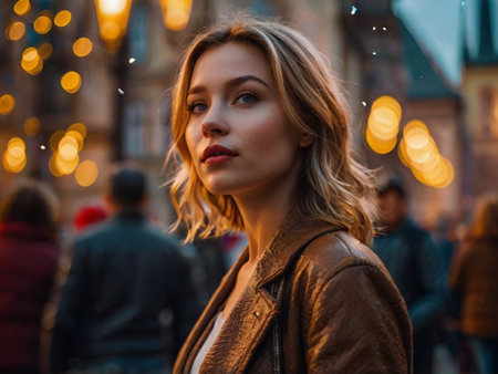 Portrait of a beautiful young woman on the background of the cityの素材