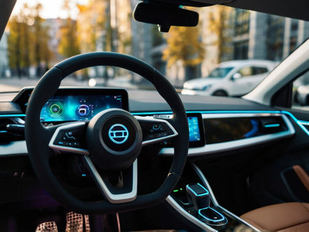 Modern car interior, steering wheel and dashboard. Modern car interior detailsの素材