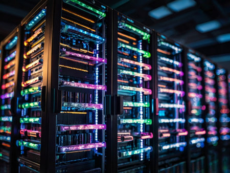 network server room with fiber optic cables connected to internet ports - technology backgroundの素材