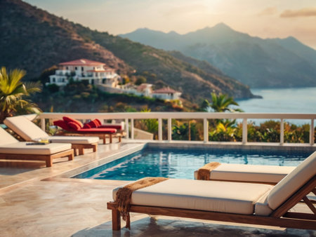 Swimming pool and sunbeds in luxury villa on the background of mountainsの素材