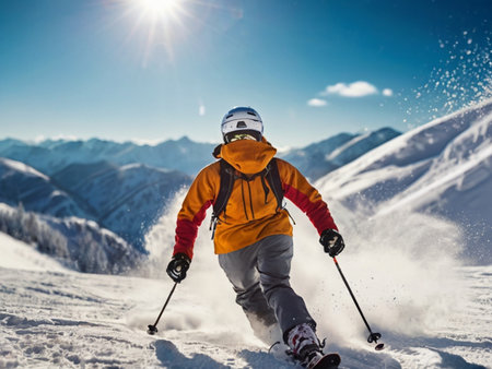 Skier skiing downhill in high mountains at sunny day. Winter sportの素材