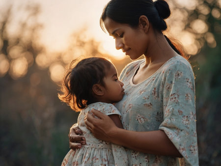 Portrait of mother and daughter hugging each other in sunset light.の素材