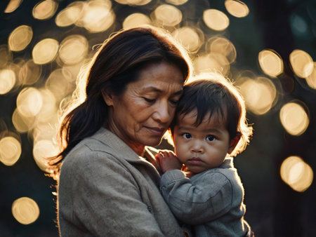 Grandmother with her grandson in the park on the background of the Christmas lightsの素材