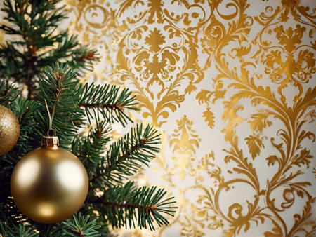 Christmas tree with golden bauble on vintage wallpaper background. Copy space for text.の素材