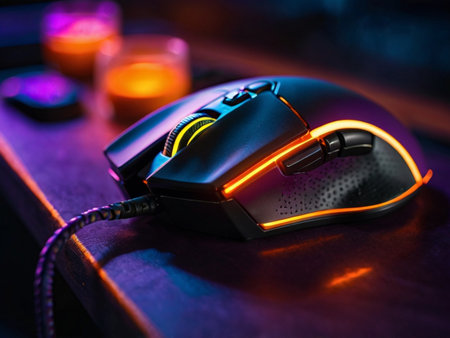 Computer mouse on a table in a dark room with candles in the backgroundの素材