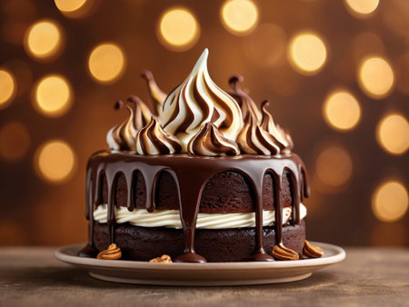 Chocolate cake with whipped cream on wooden table against blurred lights backgroundの素材