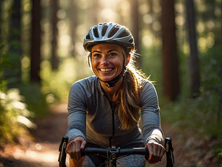 Portrait of smiling woman riding bicycle in forest on a sunny dayの素材