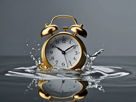 Alarm clock falling into water with splash and ripples on gray backgroundの素材