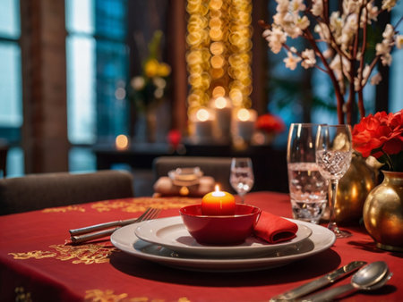 Elegant table setting with candles and flowers in a luxury restaurantの素材