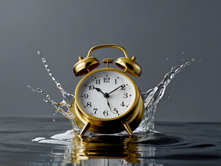 Alarm clock with water splash on gray background. Concept of timeの素材
