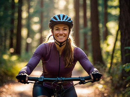 Portrait of smiling woman riding mountain bike in forest on a sunny dayの素材