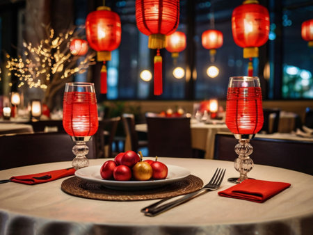 Two glasses of wine on the table in a restaurantrated with red lanternsの素材