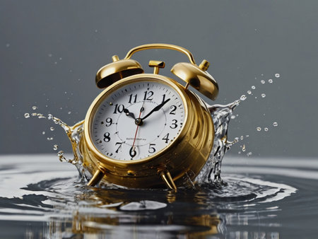Alarm clock falling into water with splashes on gray background.の素材