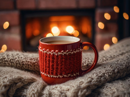 Cup of hot drink with knitted scarf and fireplace on backgroundの素材