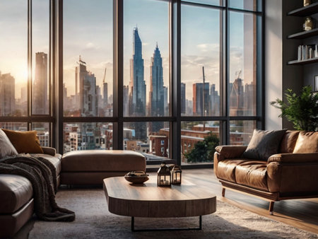 Modern living room interior with leather sofa, coffee table and window with city viewの素材