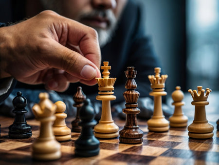 Close up of man playing chess game. Selective focus on chess pieces.の素材