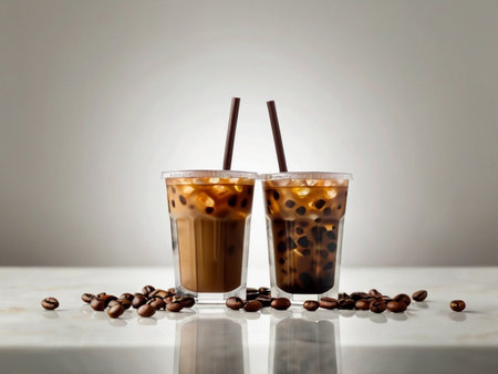 Iced coffee with milk foam and coffee beans on white background.の素材