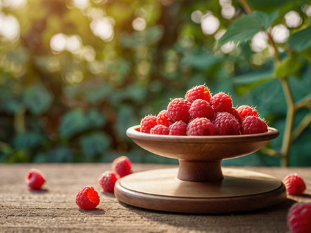 Ripe raspberries in a wooden bowl on a wooden table in the gardenの素材