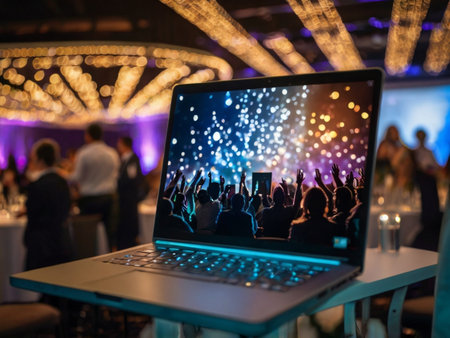 Laptop screen with live concert on the background of the auditoriumの素材