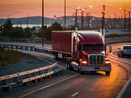 Truck on the highway at sunset. Transportation and logistics concept.の素材
